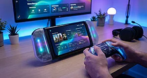 Hands interact with a futuristic gaming console featuring a vibrant, customizable UI and glowing LED accents. An ergonomic controller is used in a modern gaming setup.