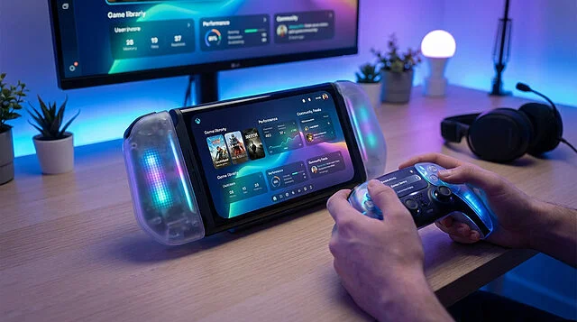 Personalized Gaming: Futuristic Console & Dynamic UI Hands interact with a futuristic gaming console featuring a vibrant, customizable UI and glowing LED accents. An ergonomic controller is used in a modern gaming setup.