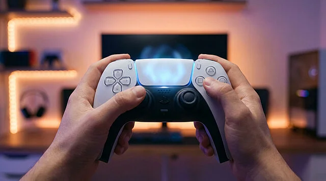 playstation 5 dualsense blue glow of efficiency Manette de jeu devant un écran lumineux.