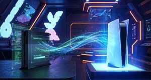 A PS4 console with a digital security update screen is connected by glowing blue and green data streams to a radiant PS5 in a futuristic setting.