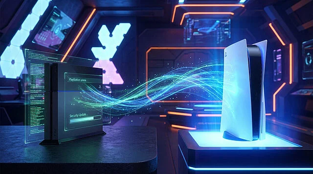 PlayStation Evolution: PS4 to PS5 Transition A PS4 console with a digital security update screen is connected by glowing blue and green data streams to a radiant PS5 in a futuristic setting.