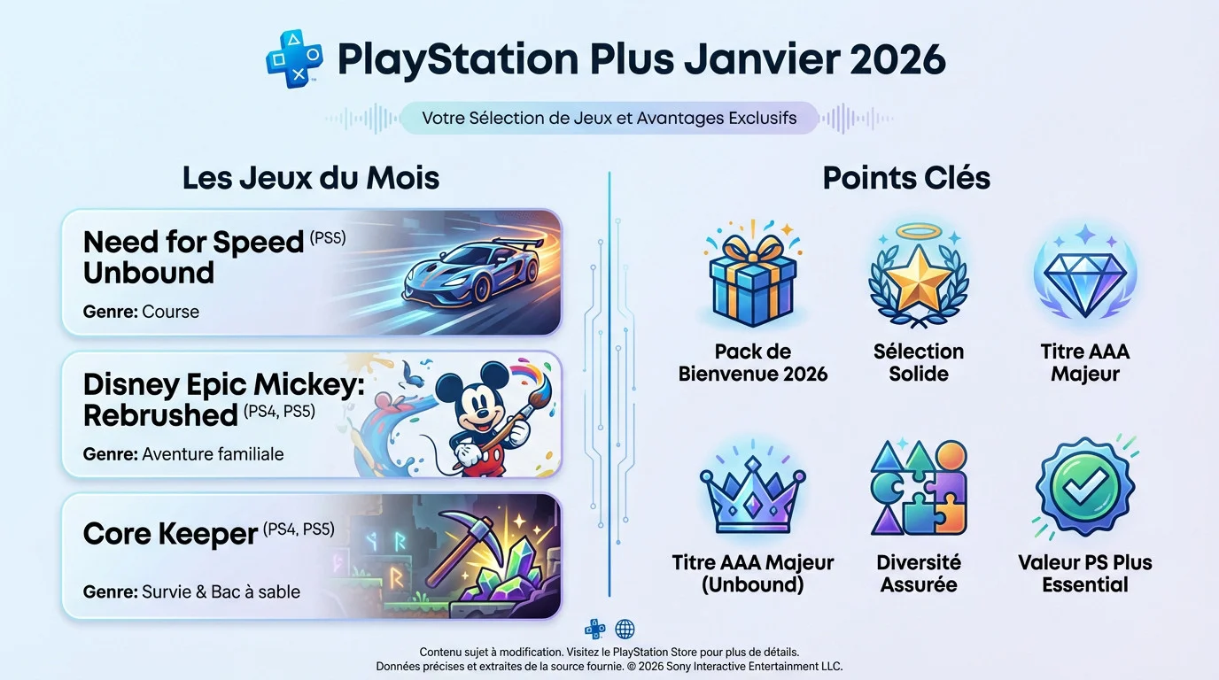 Sélection des jeux offerts PlayStation Plus janvier 2026 avec Need for Speed Unbound