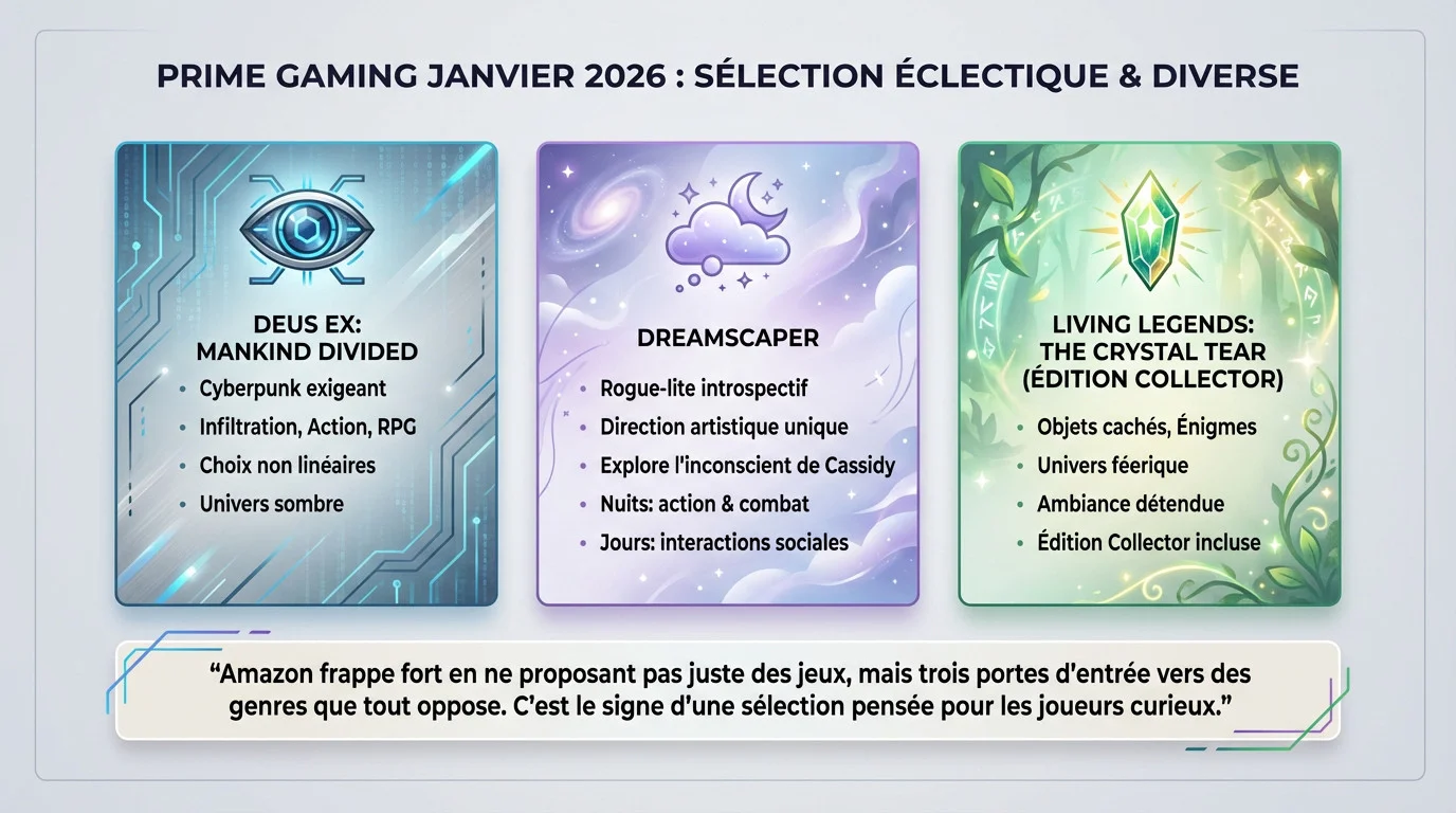 Aperçu des jeux offerts par Prime Gaming en janvier 2026 montrant la variété des genres