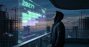 Man in dark jacket views a glowing holographic calendar displaying '2027?' and 'TBD', hinting at delays, against a futuristic city.