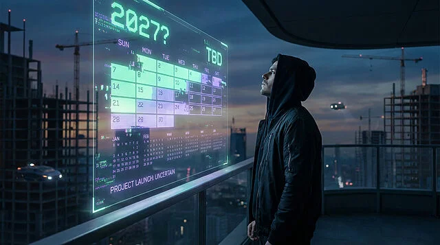 Man in dark jacket views a glowing holographic calendar displaying '2027?' and 'TBD', hinting at delays, against a futuristic city.