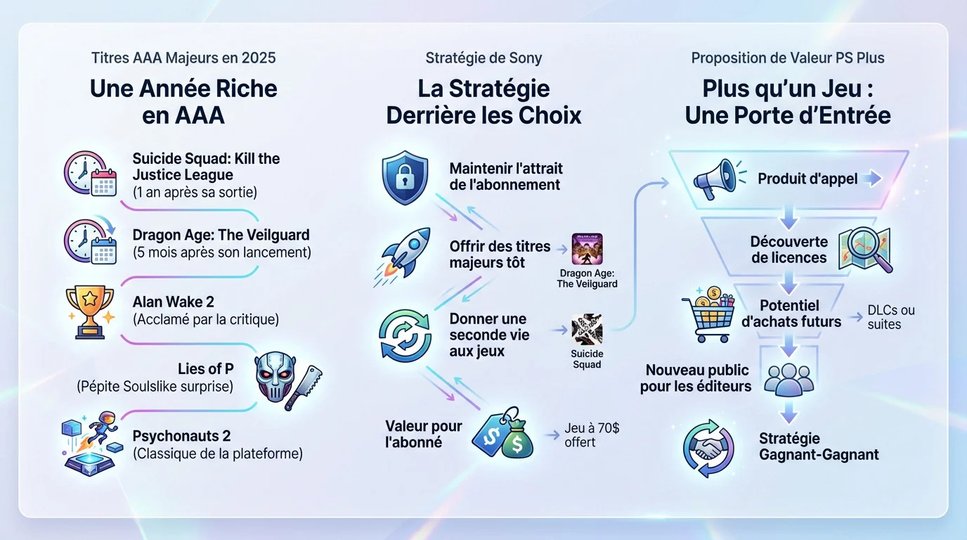 Analyse visuelle des jeux majeurs du PS Plus Essential 2025 incluant Suicide Squad et Dragon Age
