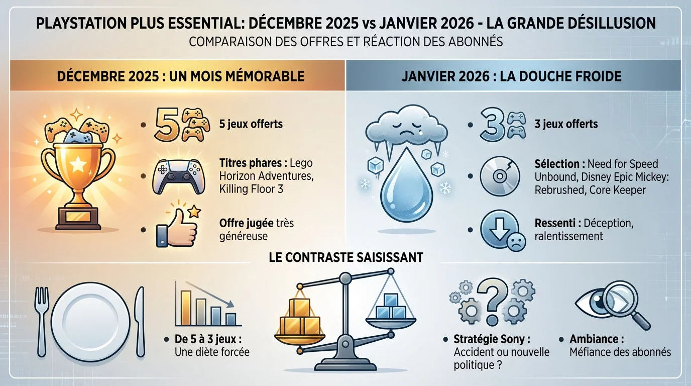 Comparaison décevante entre les jeux PS Plus Essential de décembre 2025 et janvier 2026