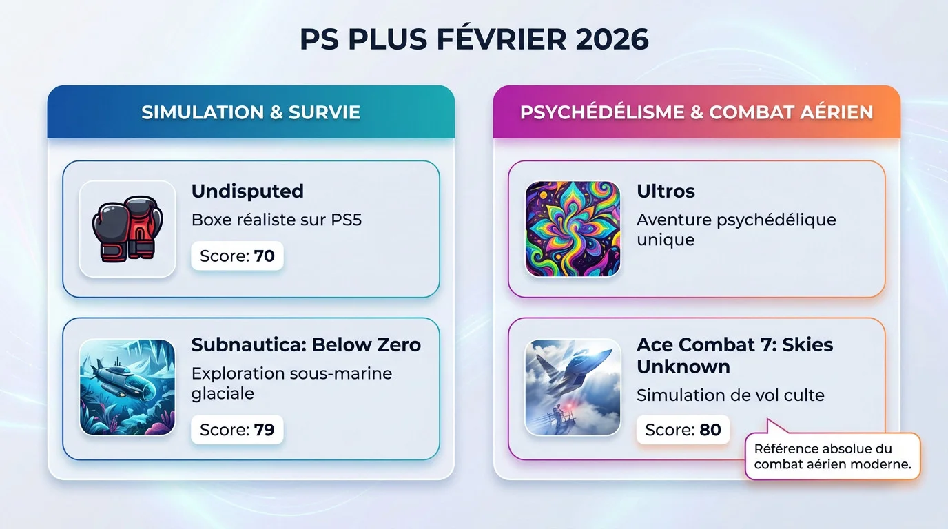Aperçu des jeux PS Plus février 2026 incluant Undisputed et Ace Combat 7