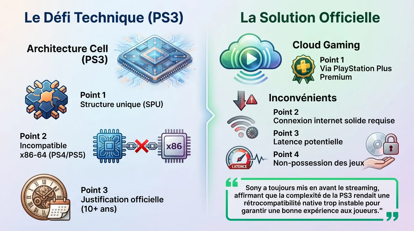 Schéma illustrant l'architecture complexe du processeur Cell de la PS3 face à la solution cloud gaming