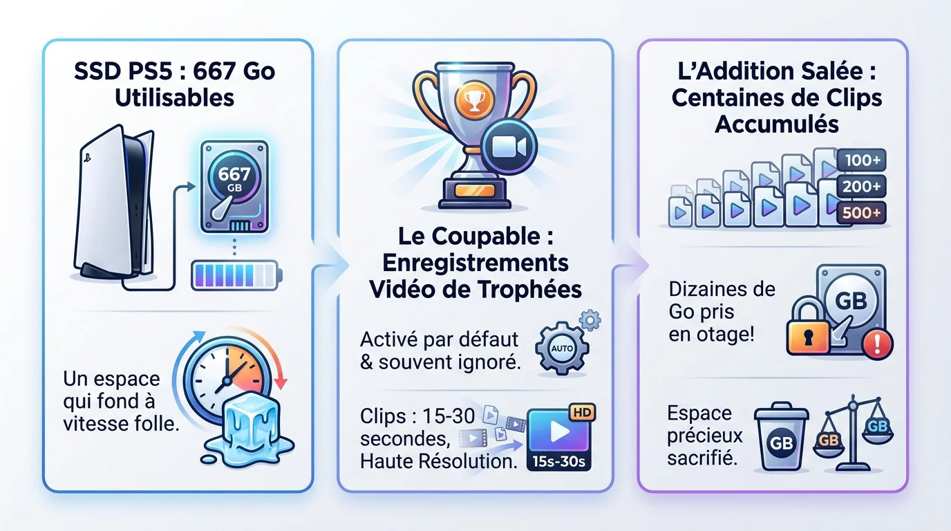 Stockage PS5 saturé par les vidéos de trophées automatiques
