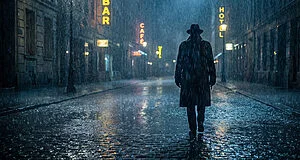A solitary figure in a trench coat walks away on a dark, rain-soaked urban street at night, with glistening reflections and blurred neon signs.