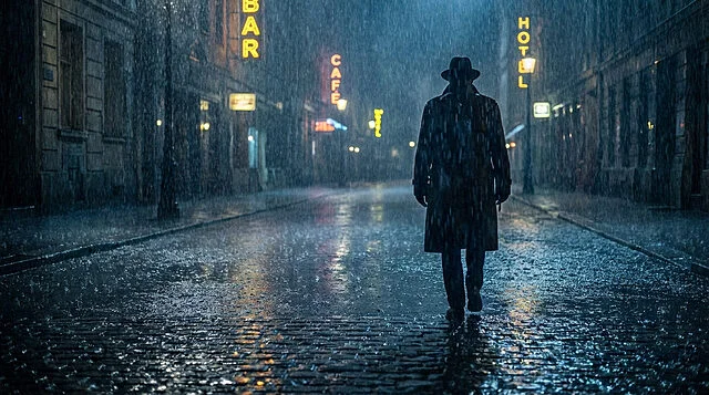 Rainy City Night: A Solitary Walk A solitary figure in a trench coat walks away on a dark, rain-soaked urban street at night, with glistening reflections and blurred neon signs.