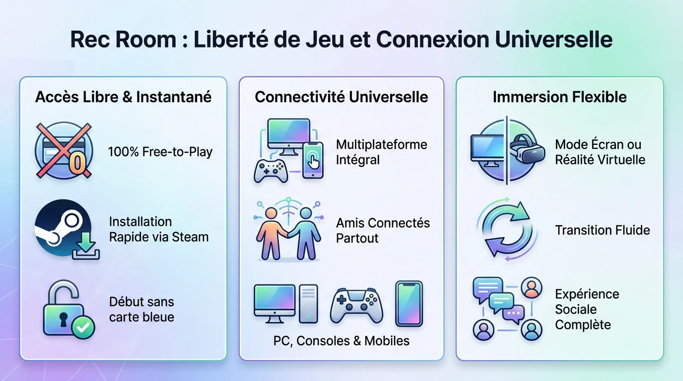 Rec Room interface montrant la liberté de jeu et la connexion universelle entre joueurs