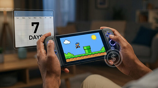 Close-up of hands playing a handheld gaming console with a pixel-art game. A '7 DAYS' countdown and a dollar sign icon are visible.