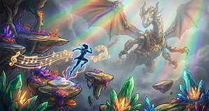 Personnage musique affrontant dragon mécanique dans grotte magique.