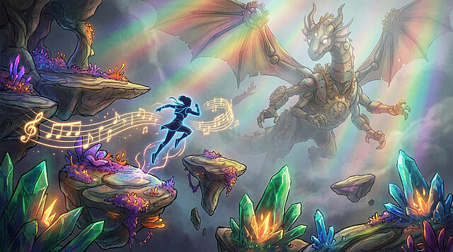 rhythmic leap crystal realms mechanical boss encounter Personnage musique affrontant dragon mécanique dans grotte magique.