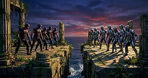 Two distinct groups in stylized armor face off across a chasm on ancient ruins at twilight, conveying intense rivalry.