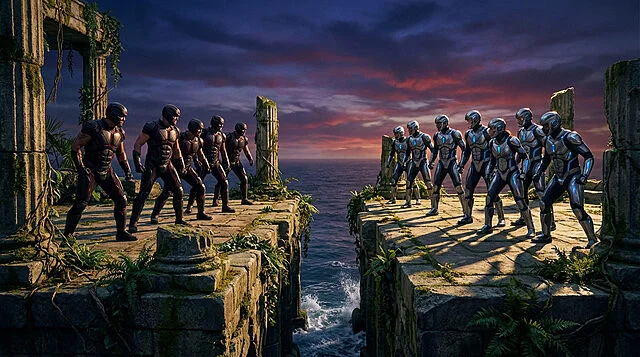 Rival Factions on Ancient Ruins at Twilight Two distinct groups in stylized armor face off across a chasm on ancient ruins at twilight, conveying intense rivalry.