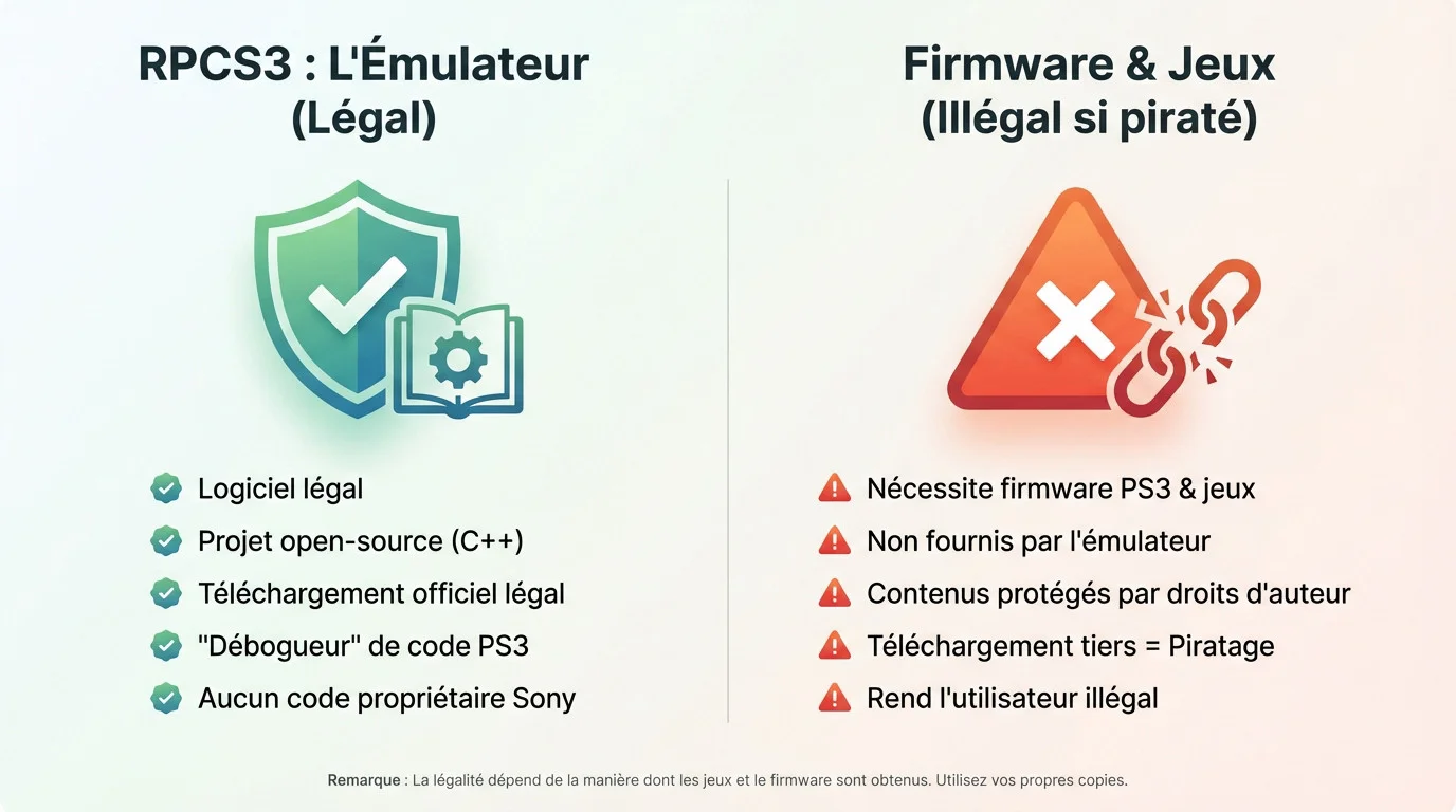 Illustration montrant l'interface de l'émulateur RPCS3 et la question de la légalité des jeux
