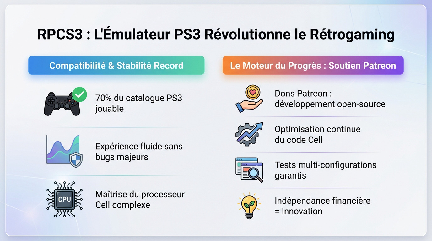 Interface de l'émulateur RPCS3 montrant la liste des jeux PS3 compatibles sur PC en 2026