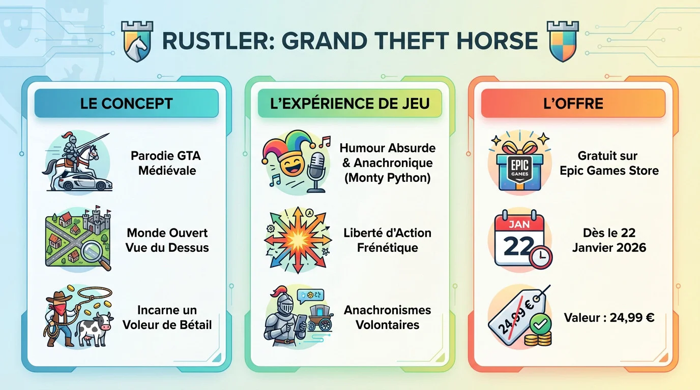 Infographie du jeu Rustler Grand Theft Horse offert sur l'Epic Games Store
