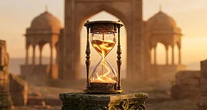 Grand hourglass with glowing golden sands on a mossy stone pedestal. Blurred ancient Persian architecture under a warm dawn sky.