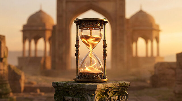 Sands of Time: Ancient Dawn Grand hourglass with glowing golden sands on a mossy stone pedestal. Blurred ancient Persian architecture under a warm dawn sky.