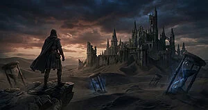 Lone figure on rock overlooks gothic castle ruins and glowing hourglasses in a desolate desert. Stormy sky, 'Sands of Time' theme.