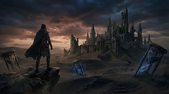 Sands of Time: Gothic Ruins in a Desolate Desert Lone figure on rock overlooks gothic castle ruins and glowing hourglasses in a desolate desert. Stormy sky, 'Sands of Time' theme.