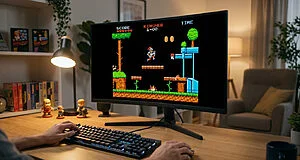 Modern desktop setup with hands playing a vibrant pixel-art retro game on a sleek monitor, surrounded by nostalgic gaming memorabilia.