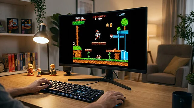 Seamless Blend: Retro Gaming on a Modern Desktop Modern desktop setup with hands playing a vibrant pixel-art retro game on a sleek monitor, surrounded by nostalgic gaming memorabilia.