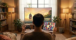 Person from behind, gaming on TV with pirate ship, while reading digital comic on tablet in a cozy living room.
