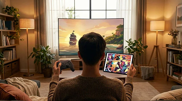 Seamless Digital Entertainment: Gaming and Comics Person from behind, gaming on TV with pirate ship, while reading digital comic on tablet in a cozy living room.