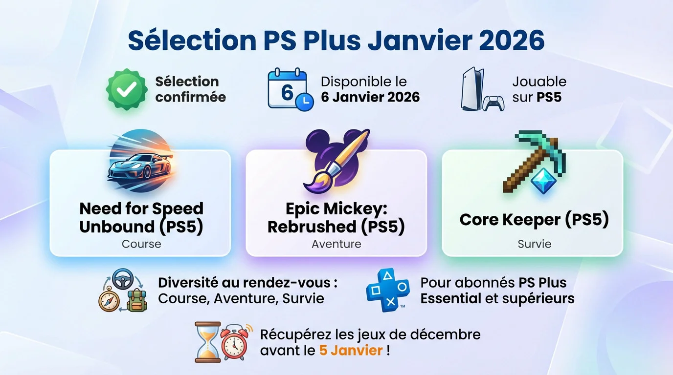 Aperçu des trois jeux offerts aux abonnés PlayStation Plus pour janvier 2026 incluant NFS Unbound