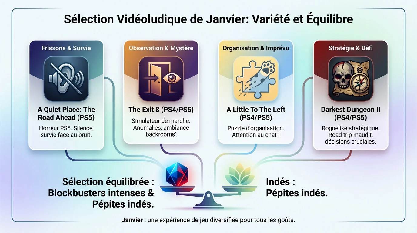 Aperçu des jeux variés du PlayStation Plus de janvier 2026 incluant horreur et réflexion