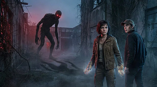 Shadows and Power in the Abandoned Lab A young woman with glowing hands and a man face a red-eyed monster in a foggy, derelict lab with overgrown vines.