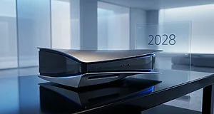 Sleek, futuristic gaming console with blue glowing accents on a dark reflective surface. A blurred '2028' appears in the background.