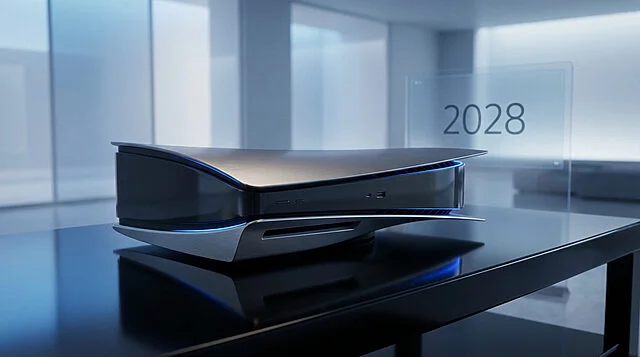 Sleek 2028 Gaming Console: A Glimpse into the Future Sleek, futuristic gaming console with blue glowing accents on a dark reflective surface. A blurred '2028' appears in the background.