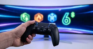 Hand holding a black game controller against a vibrant, curved digital screen displaying three glowing icons and a prominent '6$' deal.