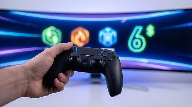 Sleek Controller, Digital Deal Display Hand holding a black game controller against a vibrant, curved digital screen displaying three glowing icons and a prominent '6$' deal.