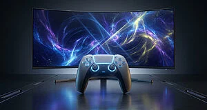 Sleek, glowing game controller on a dark surface, in front of a curved monitor displaying vibrant abstract cosmic art.