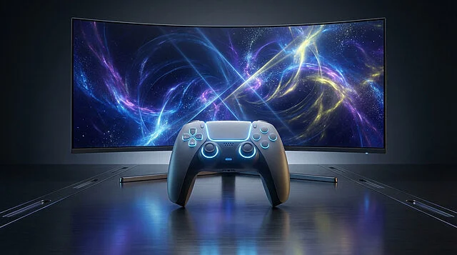 Sleek Controller, Vibrant Display: Future Gaming Sleek, glowing game controller on a dark surface, in front of a curved monitor displaying vibrant abstract cosmic art.