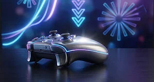 Close-up of a modern metallic game controller with vibrant blue and purple neon illumination. Blurred background shows abstract glowing digital elements.