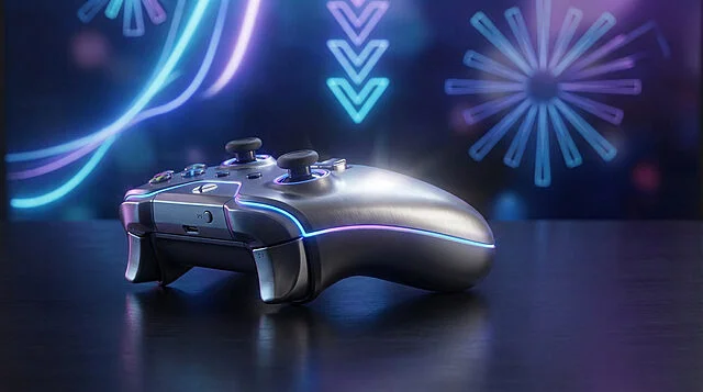 Sleek Gaming Controller with Neon Digital Backdrop Close-up of a modern metallic game controller with vibrant blue and purple neon illumination. Blurred background shows abstract glowing digital elements.