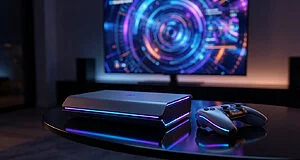 Photorealistic shot of a sleek, dark grey gaming console with glowing blue/purple LEDs and matching controller on a reflective table. Blurred vibrant gaming interface on TV.