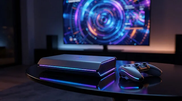 Sleek Gaming Hybrid: Futuristic Console & Controller Setup Photorealistic shot of a sleek, dark grey gaming console with glowing blue/purple LEDs and matching controller on a reflective table. Blurred vibrant gaming interface on TV.