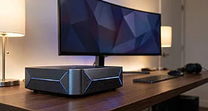 A dark metallic grey compact gaming PC console with blue LED accents on a dark wood desk, with an ultrawide monitor in the background.