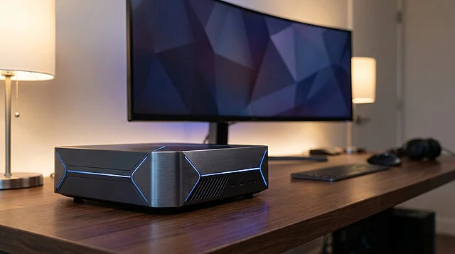Sleek Gaming PC Console on Modern Desk A dark metallic grey compact gaming PC console with blue LED accents on a dark wood desk, with an ultrawide monitor in the background.