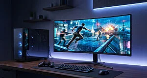 Sleek gaming setup featuring a curved monitor displaying a vibrant PS3-era action game, PC, and controller on a dark desk.