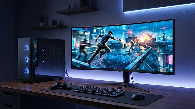 Sleek Gaming Setup: PS3-era Action on Curved 4K Screen Sleek gaming setup featuring a curved monitor displaying a vibrant PS3-era action game, PC, and controller on a dark desk.